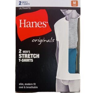 Hanes T-Shirts Mens 2-Pack Crew Stretch Ultimate Slim Teal Grey Medium (38-40")